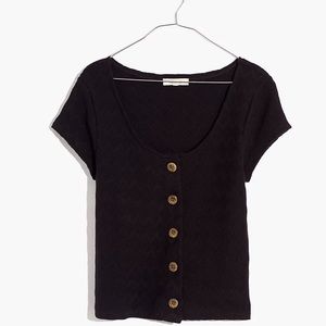 Knit Pointelle Button-Front Scoop Tee / X-SMALL / TRUE BLACK